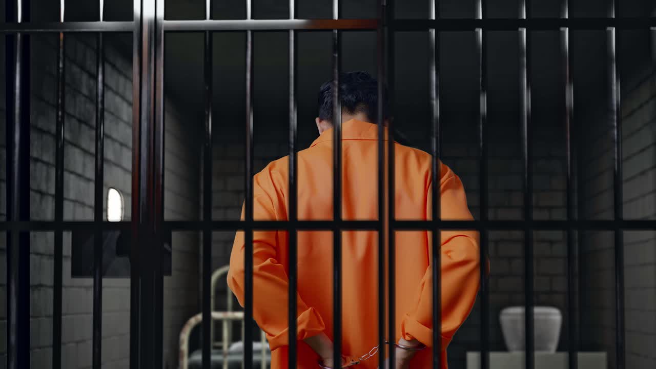 prisionero masculino asiático con esposas de pie en la prisión, volviéndose para mirar a la cámara enojado y malhumorado