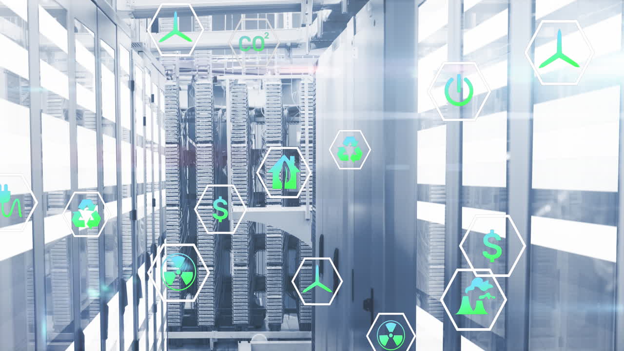 animación de iconos en círculos sobre barras móviles en sistemas de servidores de datos en la sala de servidores