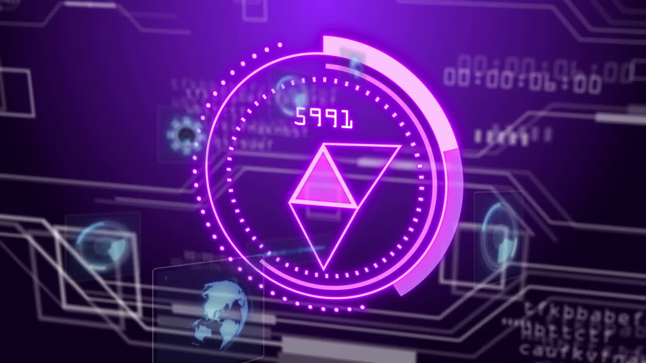Digital data processing animation over futuristic interface with purple geometric shapes