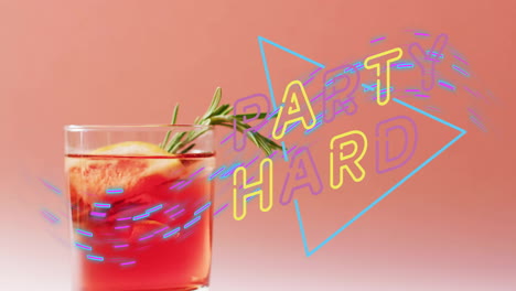 animation of party hard neon text and cocktail on pink background