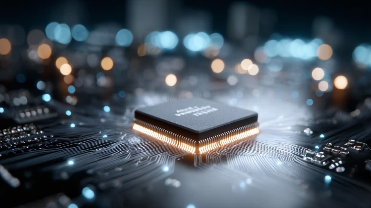 Intricate Close-up of a High-Quality Microprocessor on a Circuit Board with Brilliant Lighting Effects, Showcasing the Future of Technology and Electronics