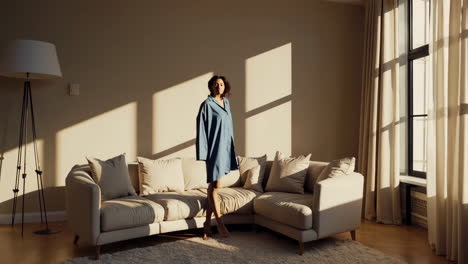 woman in blue shirt in living room