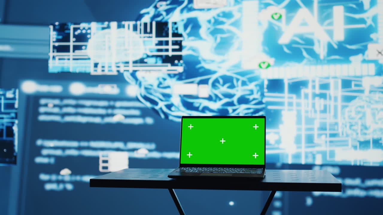 PC running green screen on a display surrounded by high tech data AI brain