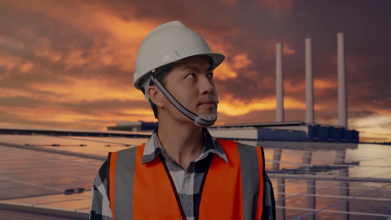 Close Up Of Asian Male Engineer With Safety Helmet Looking Around While Standing, Inspecting Solar Panels on Rooftop at Sunset