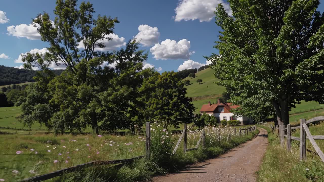 Scenic countryside video with a low-angle view of a dirt path leading to a house, surrounded by lush