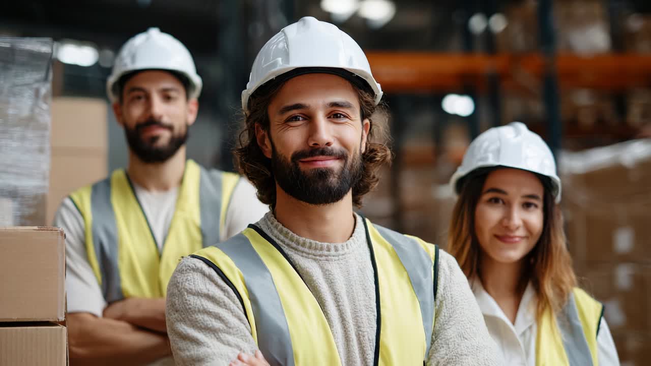 Team of construction workers in safety gear standing confidently in a warehouse, showcasing their teamwork and dedication to safety while preparing to tackle the day's tasks and challenges ahead