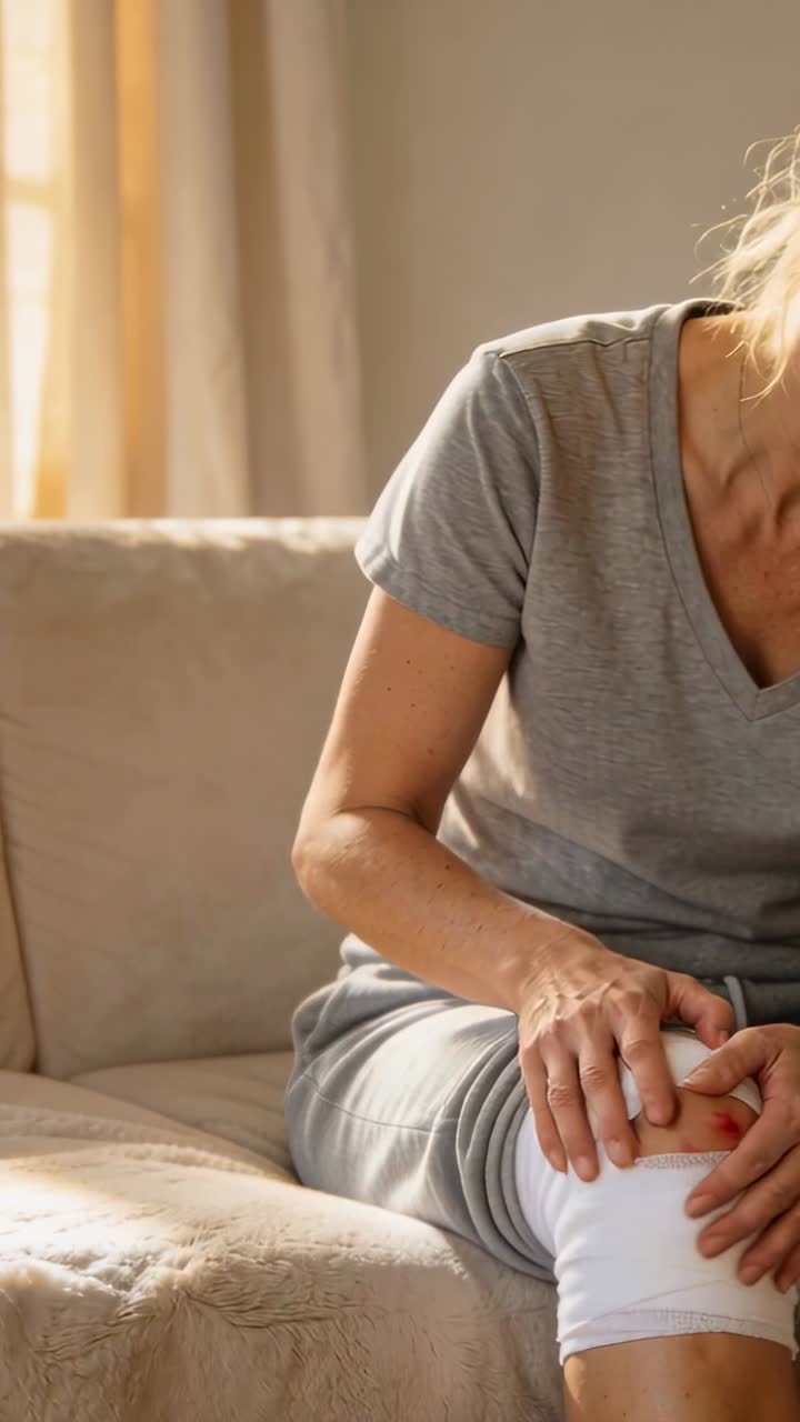 Donna anziana che prova disagio e ispeziona il ginocchio fasciato sul divano, controllando la ferita.