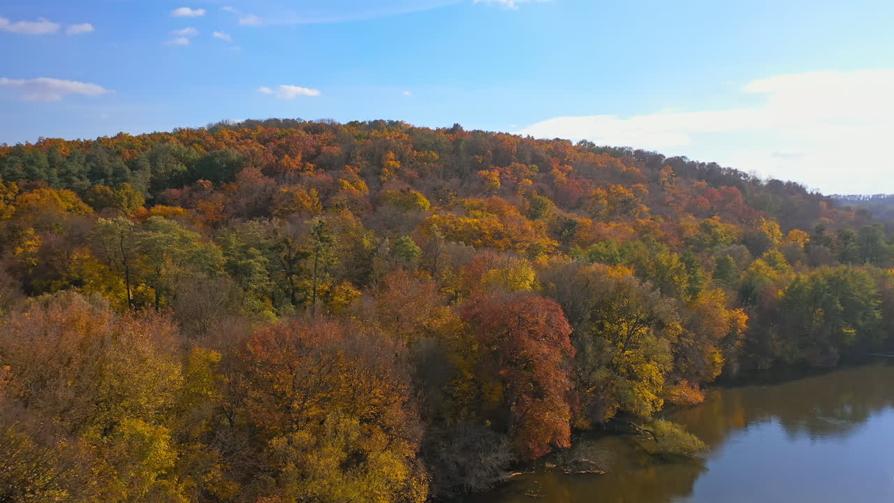 Beautiful autumn yellow river landscapes. Seasonal brown forest landscapes.
