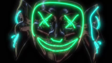 animation of rotating and pulsing neon mask, spinning silhouette of human face with neon traces on them, dark background suitable for blending with alpha matte option, digital art concept