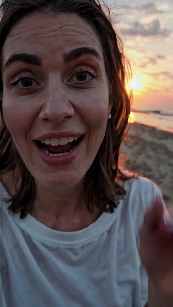 Video ravvicinato di una donna su una spiaggia al tramonto, che cattura la sua espressione gioiosa