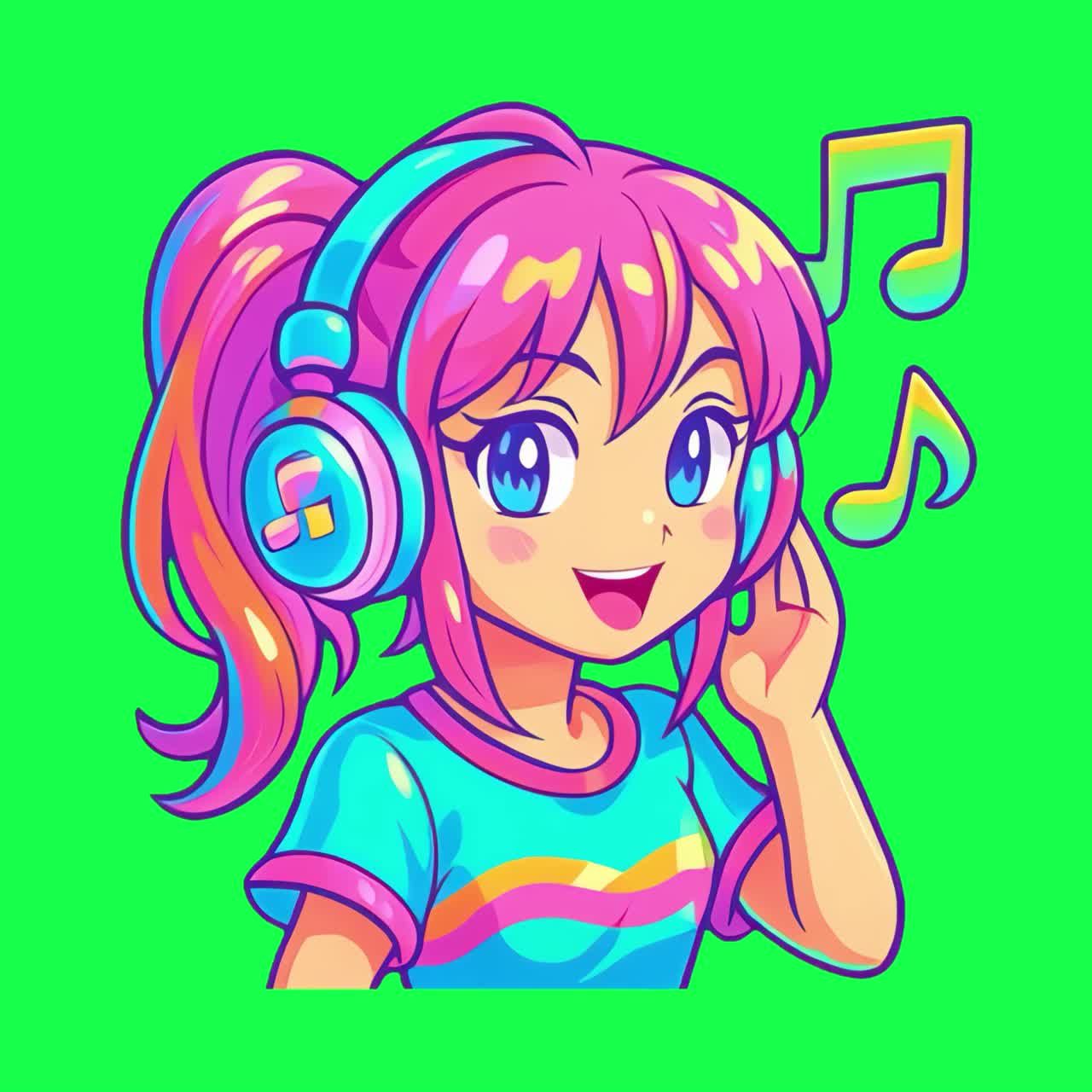 Ragazza colorata in stile cartone animato che ascolta musica e si anima, video 4K trasparente, green screen