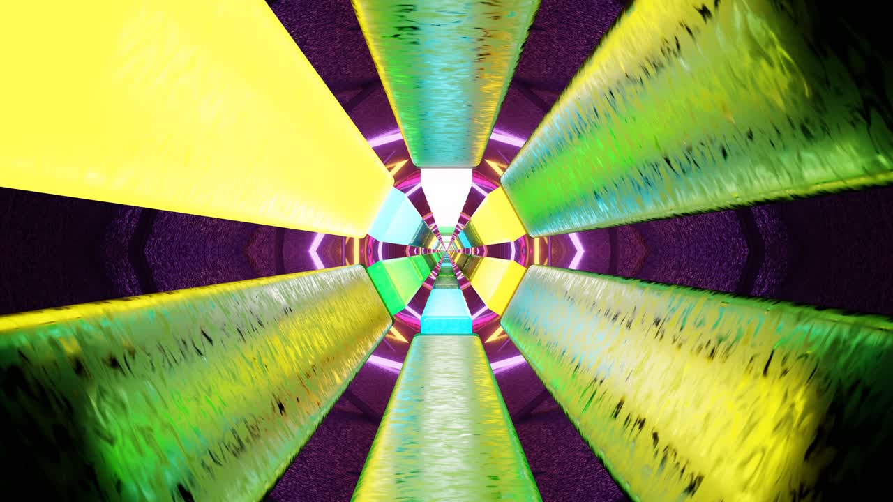 Colorful patterns and shapes move seamlessly to create a mesmerizing tunnel effect