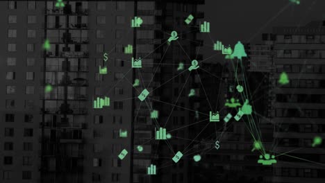 globo de iconos financieros girando contra edificios altos en el fondo