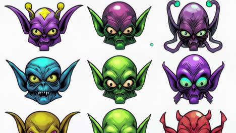 collection of stylized cartoon monster and alien illustrations