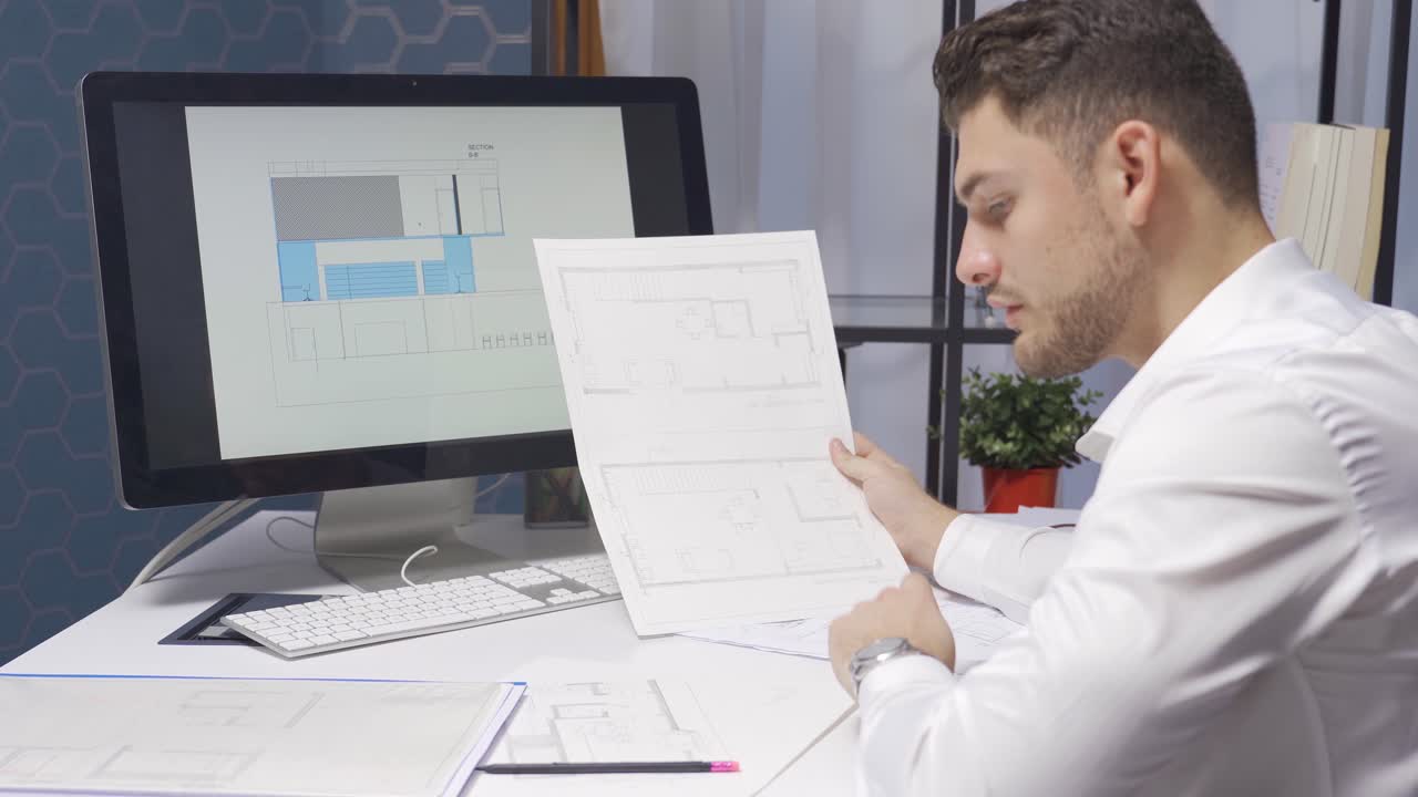 diseñador masculino trabajando en una oficina moderna para un nuevo proyecto. dibujos arquitectónicos interiores.