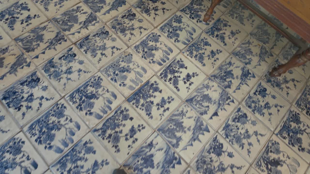 4K video of walking on blue and white traditional tiles in India