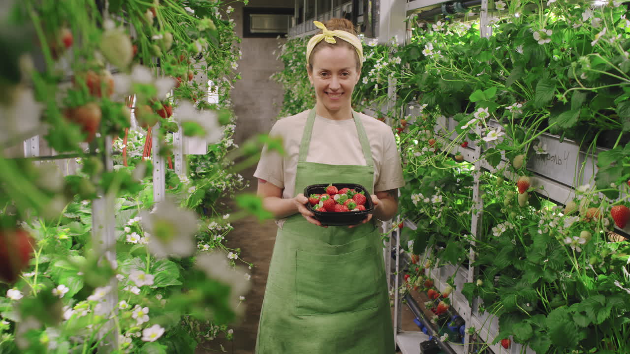 Woman Harvesting Strawberries in a Vertical Farm