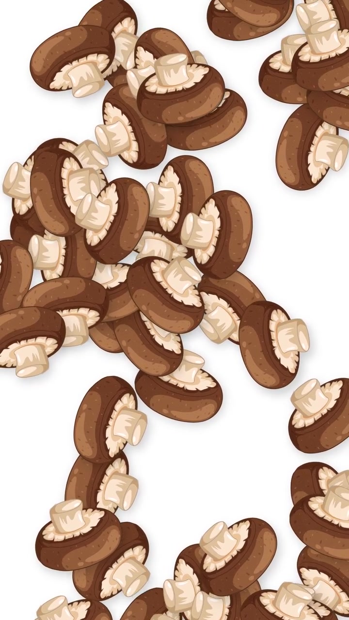 Illustrated brown mushrooms fall continuously through a vertical frame against a clean white background.