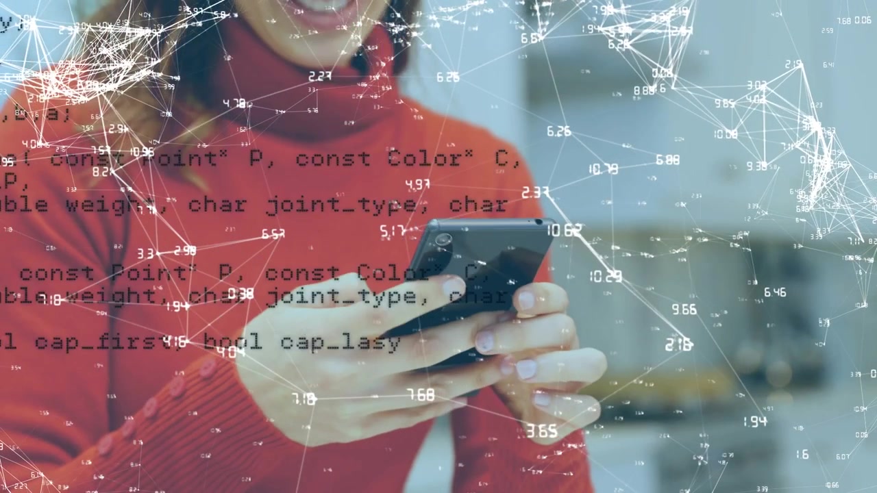 Woman Using Smartphone with Digital Code and Data Network Overlay