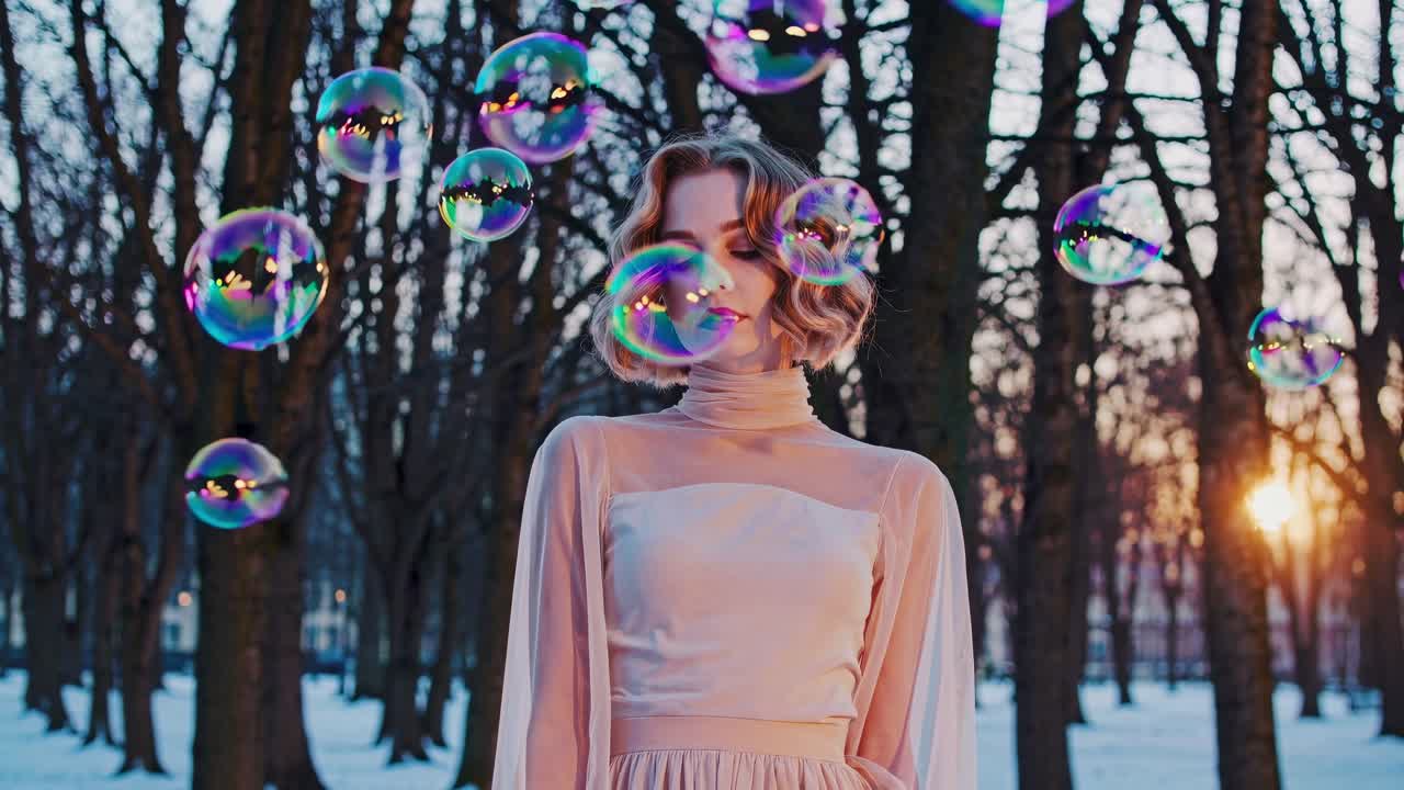 우아한 드레스를 입은 우아한 여성은 황금한 겨울 해가 지는 순간 눈 인 공원 풍경 속에서 서 있습니다.