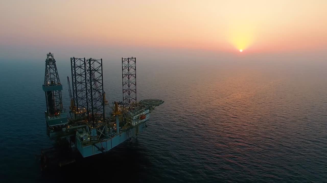 Ws Aerial view of the gas platform at sunset