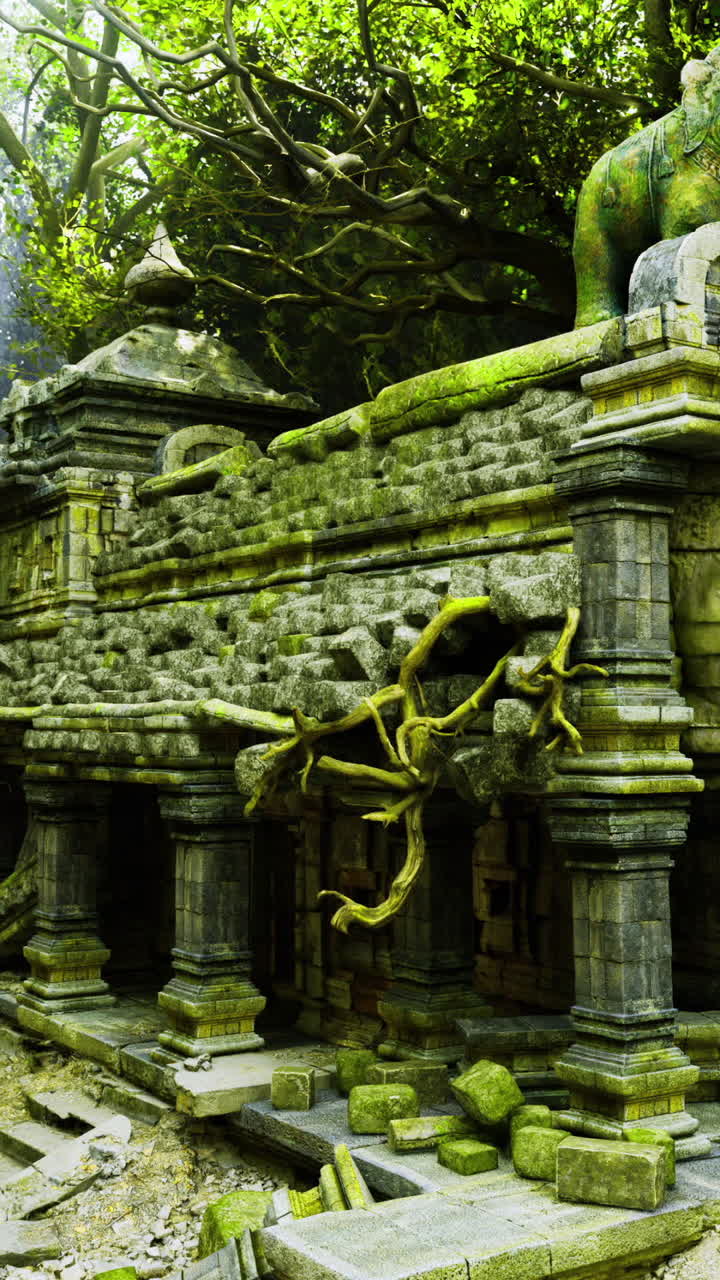 Antiche rovine di un complesso templare avvolto da una vegetazione lussureggiante in una foresta