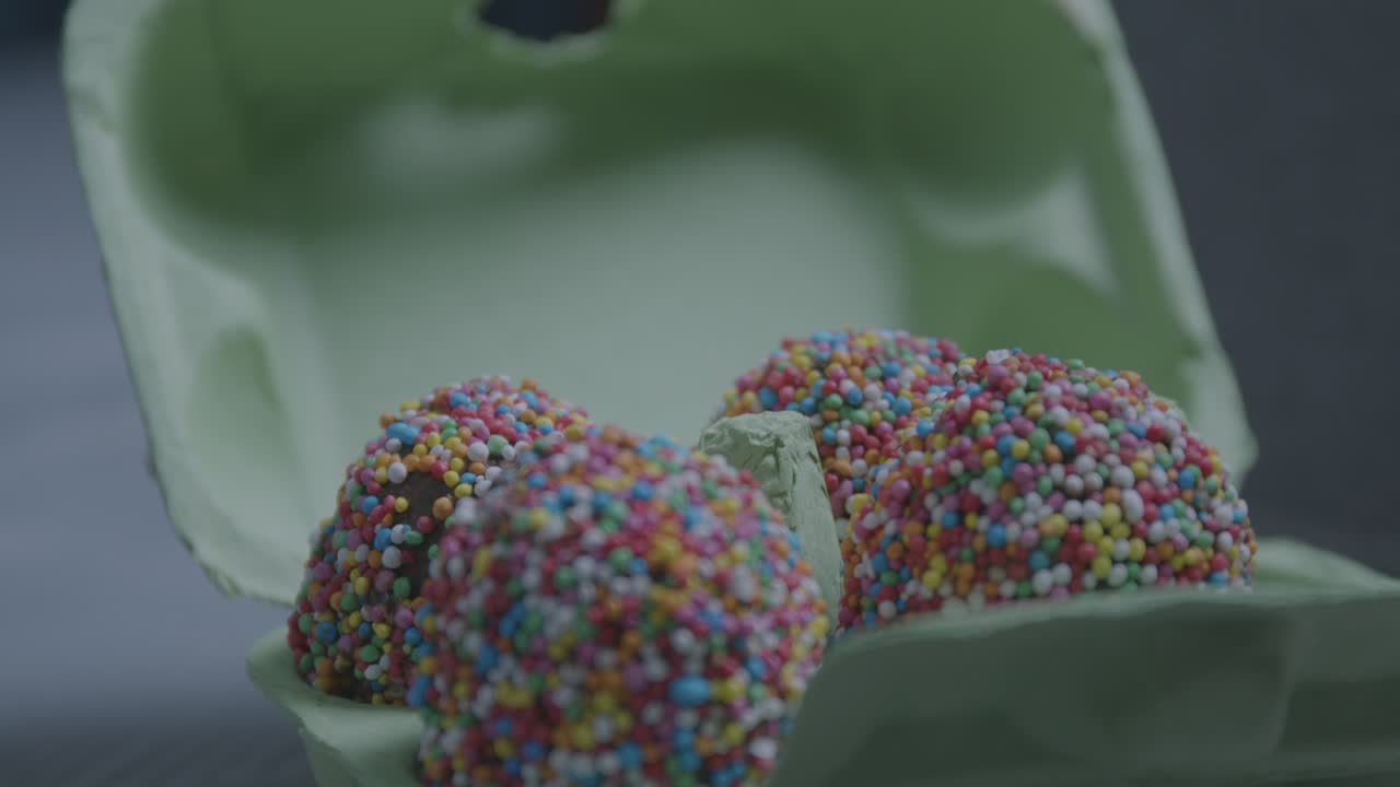 A cinematic close-up of homemade chocolate truffles covered in colorful rainbow sprinkles. This ungraded LOG footage is perfect for vibrant, fun food and party content
