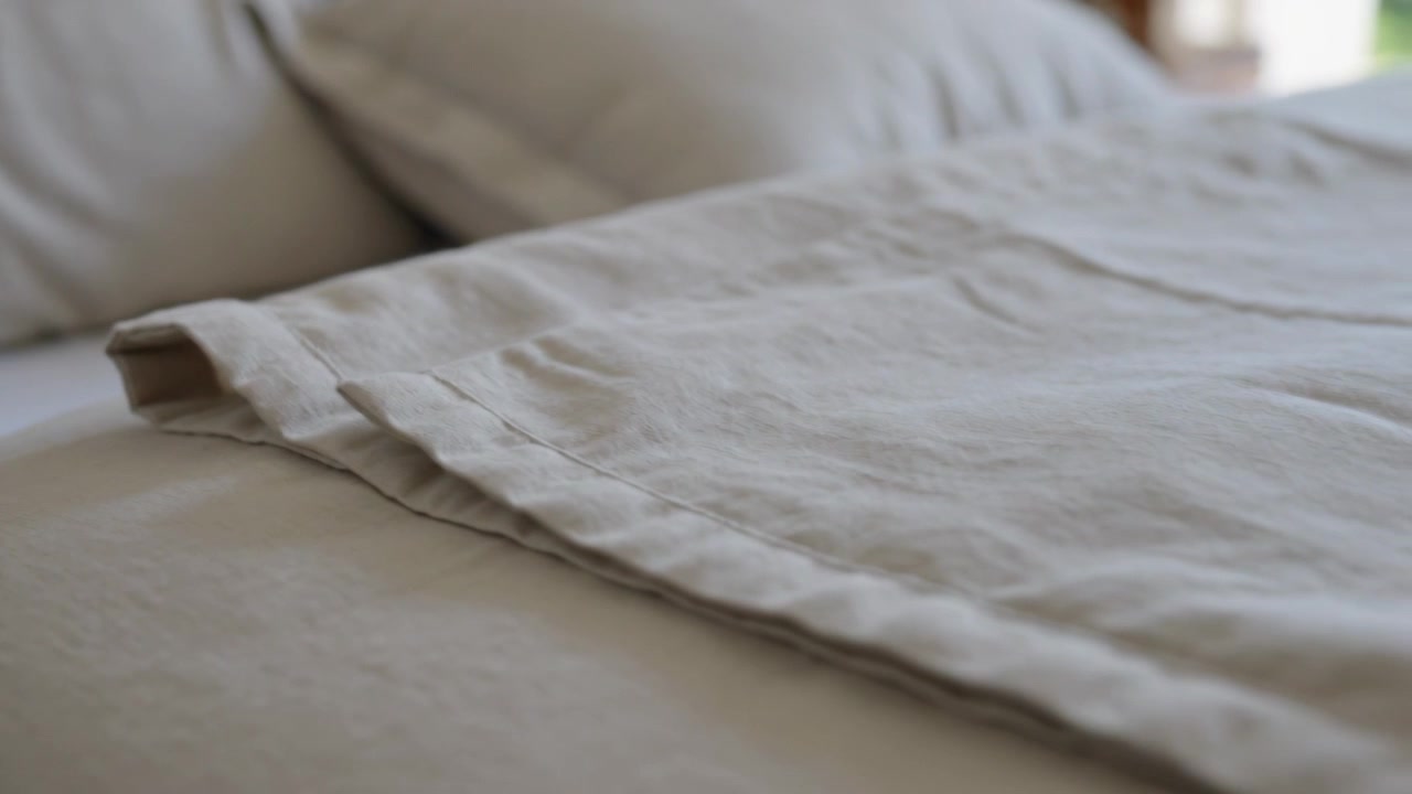 Telecamera che si muove in avanti verso il bordo di un lenzuolo beige piegato in camera da letto, rivelando cuciture e una linguetta di tessuto