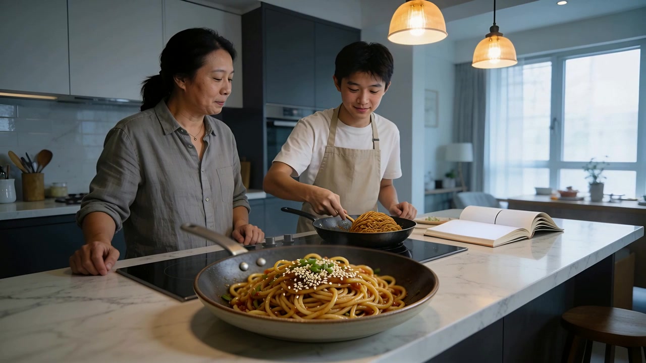 Filho adolescente de avental mexendo macarrão com uma colher no balcão da cozinha, seguindo um livro de receitas