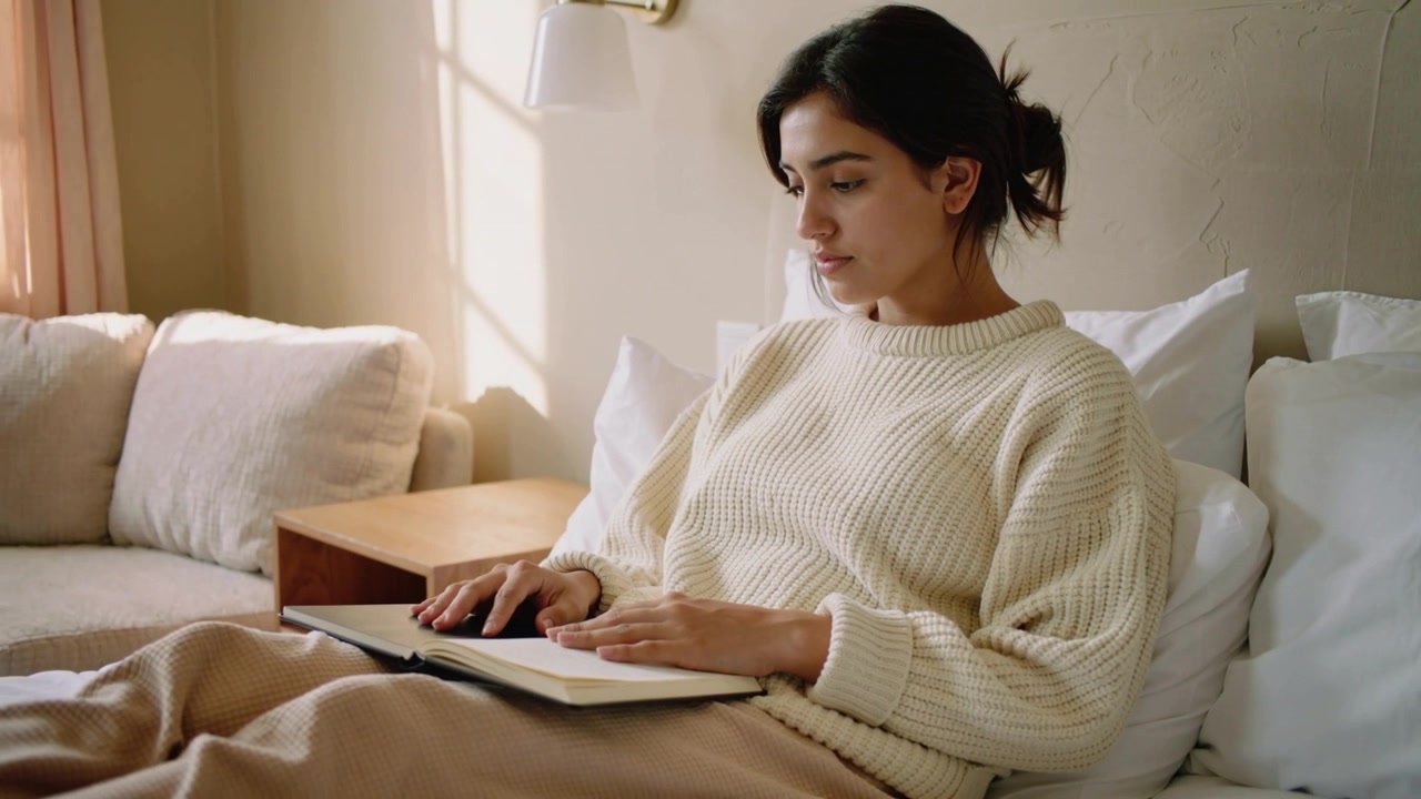 Donna con un maglione color crema che apre un libro con copertina rigida, sistemandosi su un divano letto e leggendo per rilassarsi.
