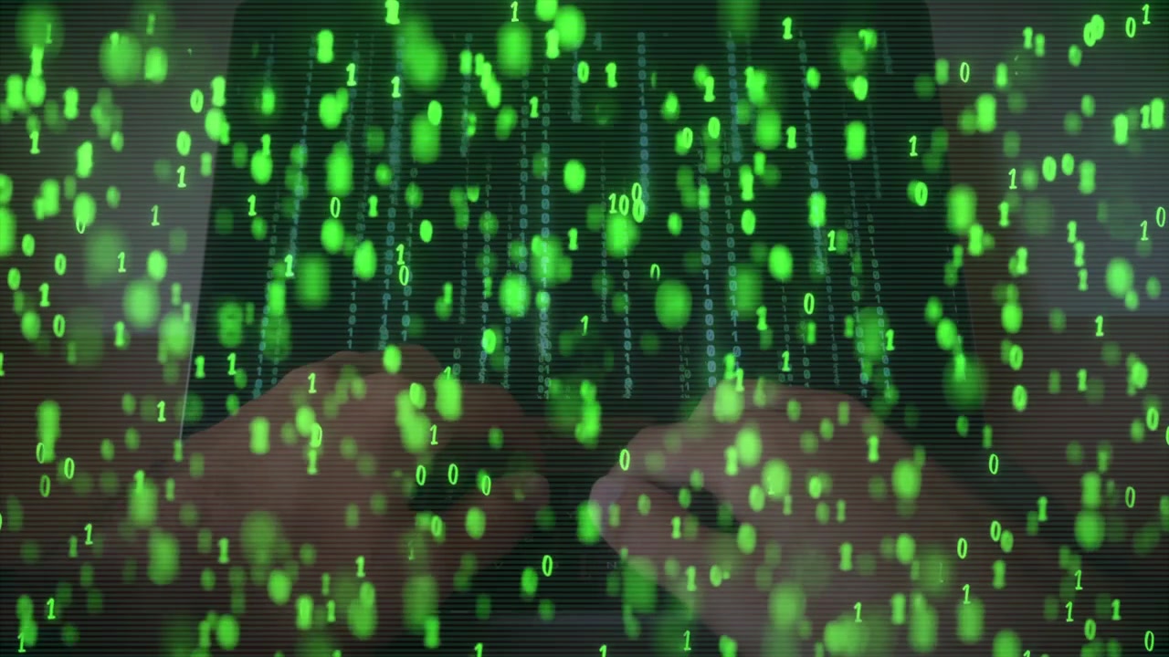 Green binary code projected over hands typing. Cybersecurity and data encryption activity