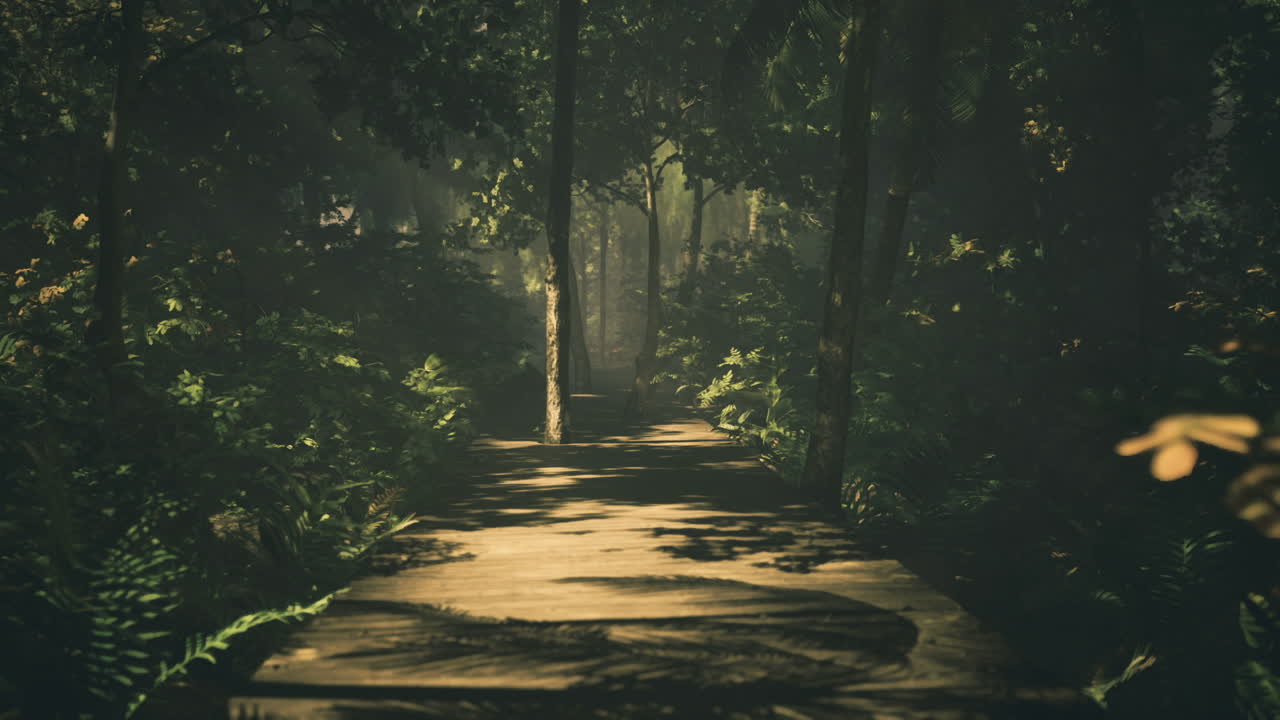 Sunlight filters through trees along a serene path in a lush forest