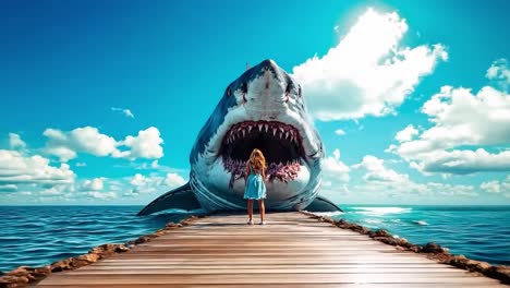 a woman standing on a pier looking at a giant shark with its mouth open