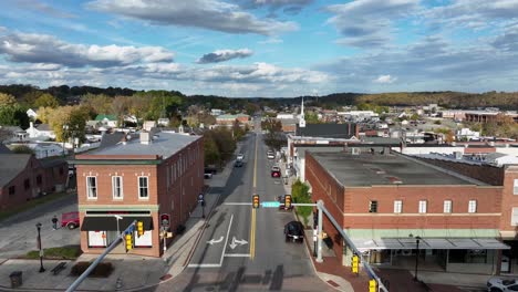 aerial view of a small town main street in autumn