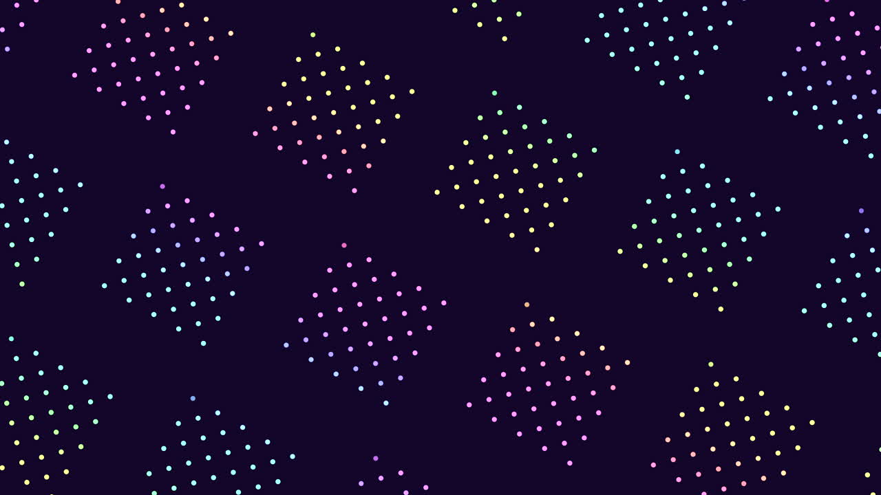 puntos vibrantes que se superponen en tonos de púrpura, azul y rosa