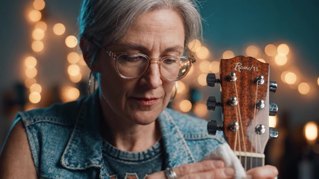 A woman tenderly caring for her guitar, showcasing her love for music and instruments amidst a beautifully lit backdrop of softly glowing lights.