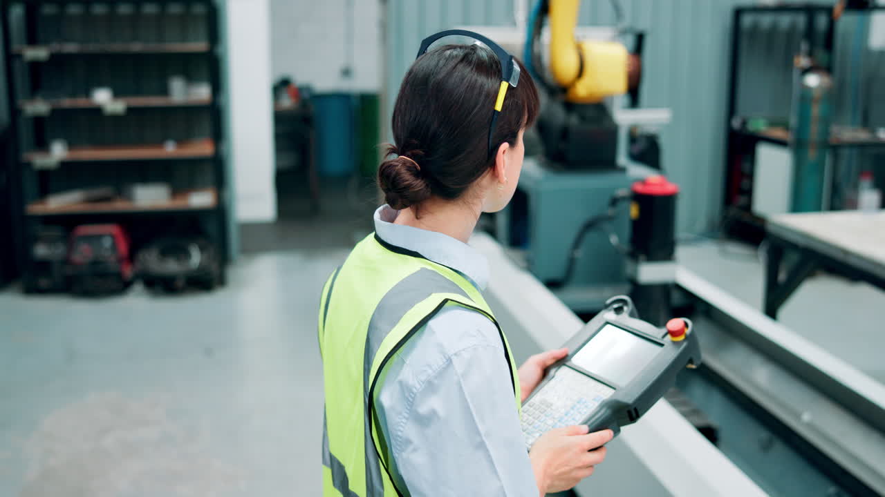 mujer operadora interactuando con un robot industrial en una instalación de fabricación