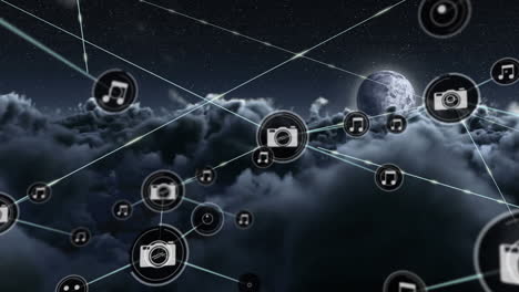 animación de la red de conexiones con iconos sobre el cielo