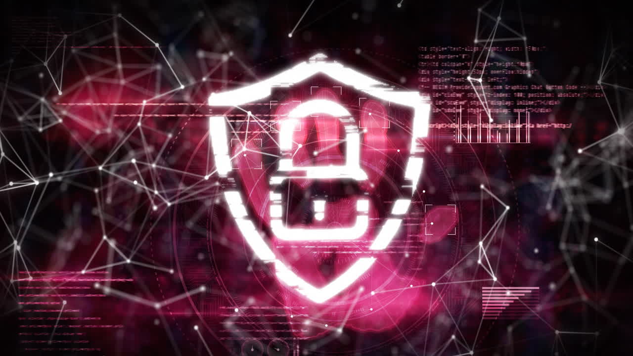 animación digital del icono del candado de seguridad contra la red de conexiones sobre fondo rosa