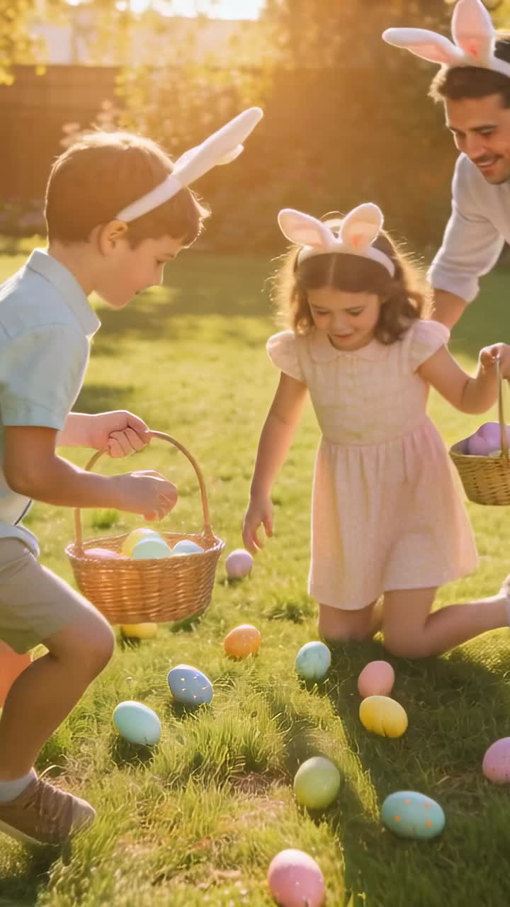 裏庭の芝生で、うさぎの耳をつけた子供たちが籐のバスケットを持ってパステルカラーの卵を集めている。