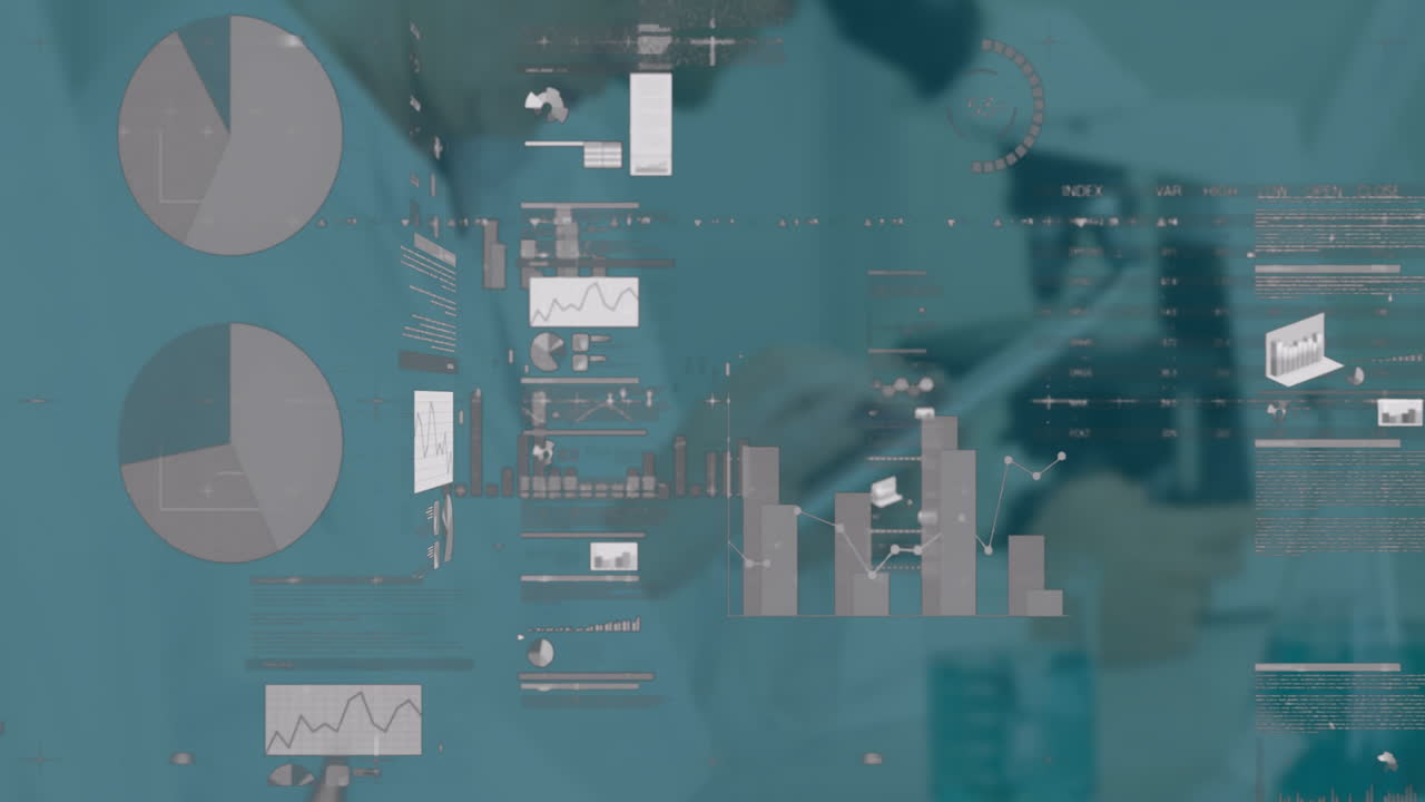 Digital interface displaying pie charts and bar graphs in factory, overlaying robotic machinery