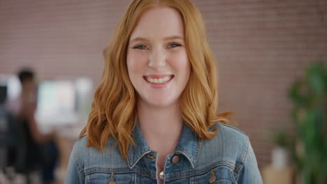 portrait beautiful young red head woman smiling cheerful female intern enjoying career lifestyle wearing stylish denim