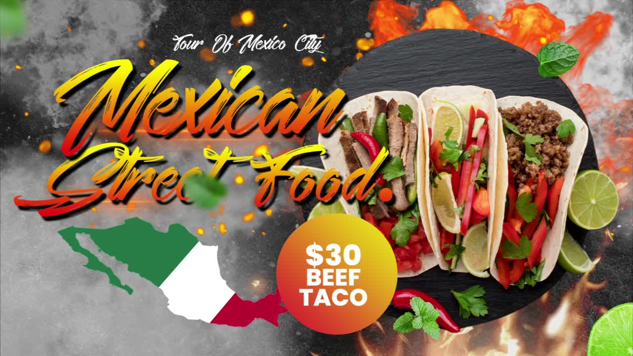 Tacos messicani da street food appetitosi con sfondo infuocato