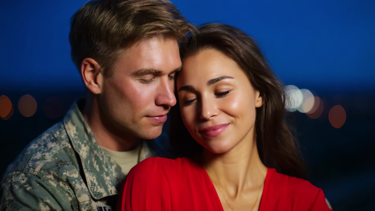 A loving embrace between a soldier and a woman, with expressions of warmth and affection captured in a softly lit background, depicting a moment of connection amidst a serene twilight ambiance