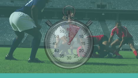 animation of clock ticking over two multi-ethnic rugby teams playing rugby