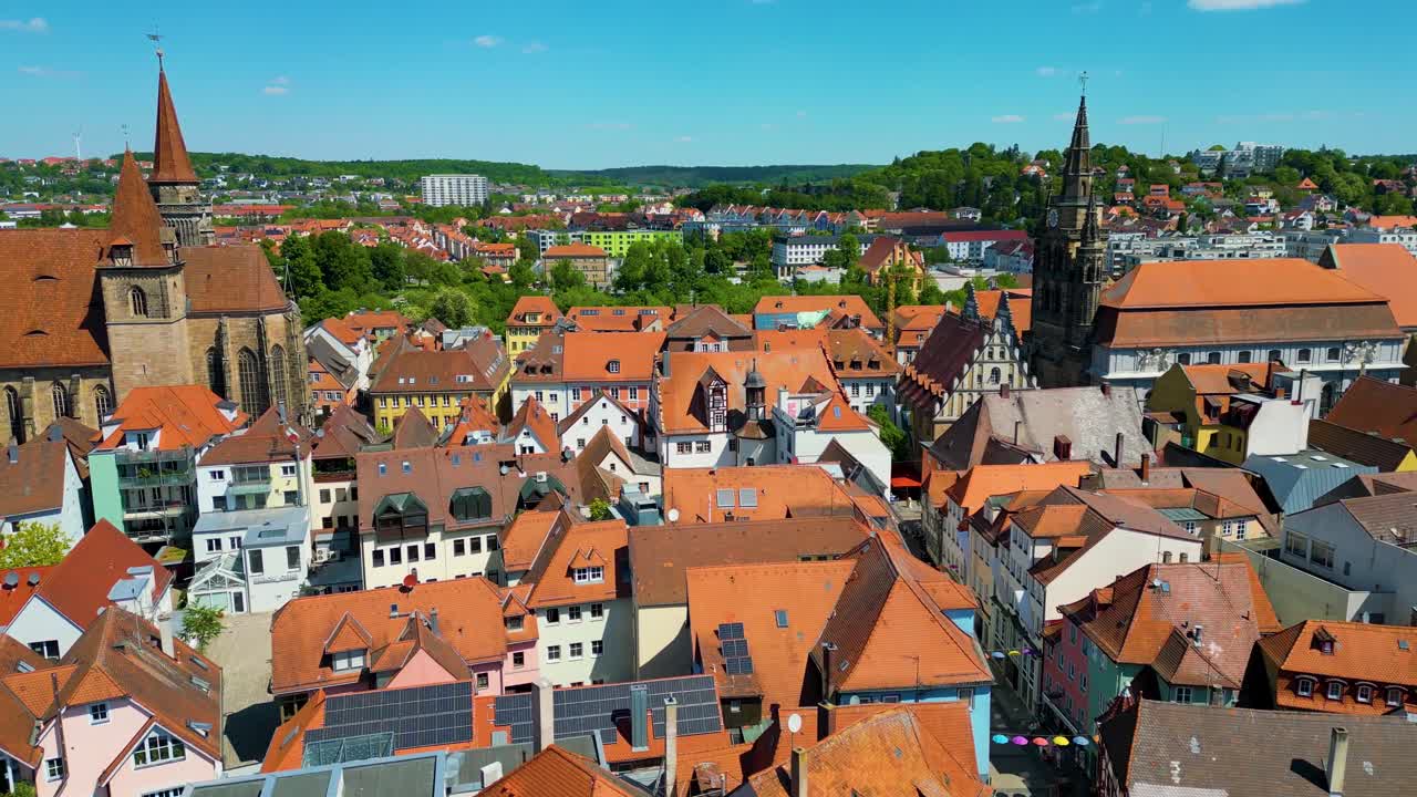 4K Aerial Drone Video of the Historic St. Johannis Church and St. Gumbertus Church in the Old Town area of Downtown Ansbach, Germany