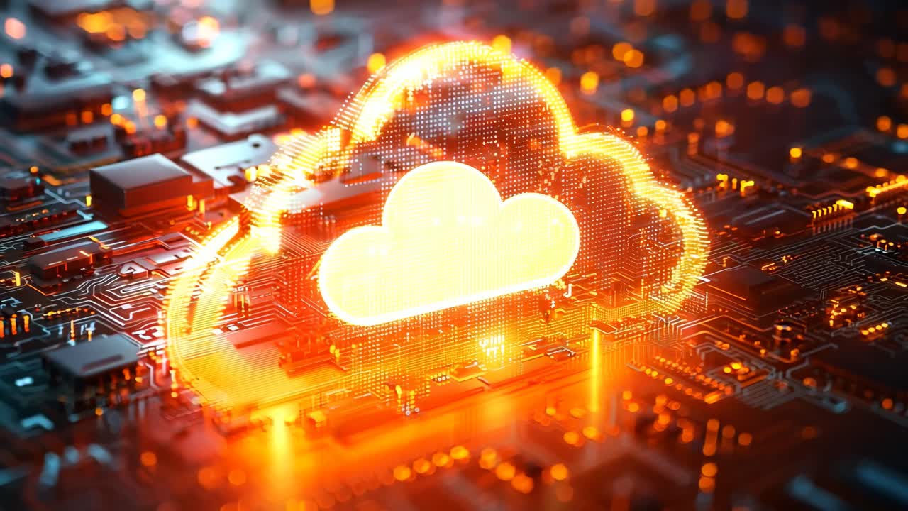 A glowing cloud is on a computer chip. The cloud is surrounded by a dark background. Concept of technology and innovation