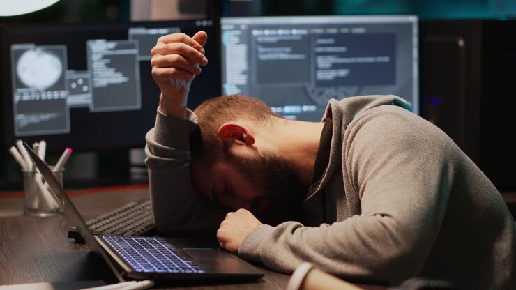 Tired programmer working late