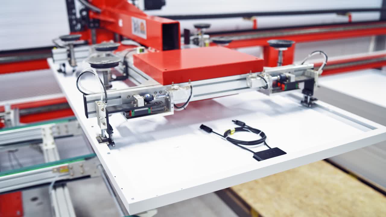 production of solar panels, Industrial robot working in factory,Conveyor Tracking Controler of robotic hand. Assembly line at plant. Process closeup video.