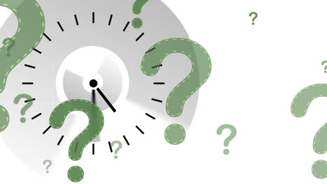 animation of green question marks over clock moving fast on white background